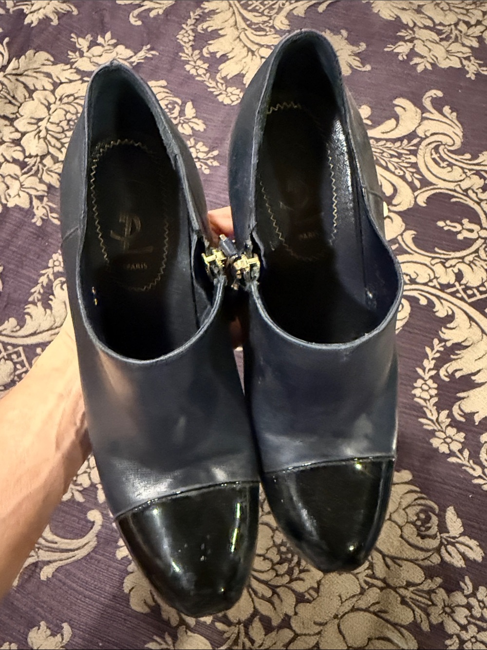 Yves Saint Laurent Navy Leather Ankle Pumps with Black Patent Cap Toe